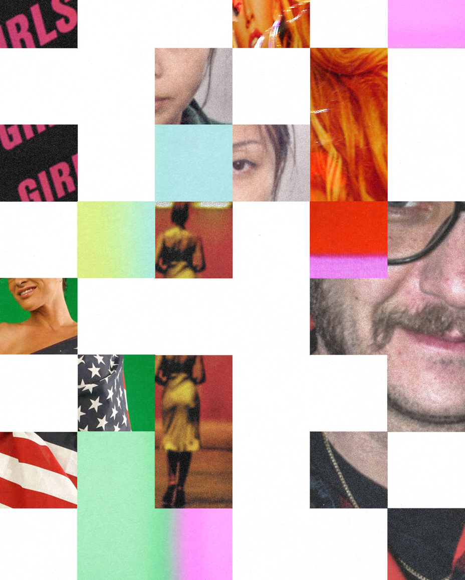 collage of photo details arranged in a grid, including pop-culture images and blocks of bright color stripes