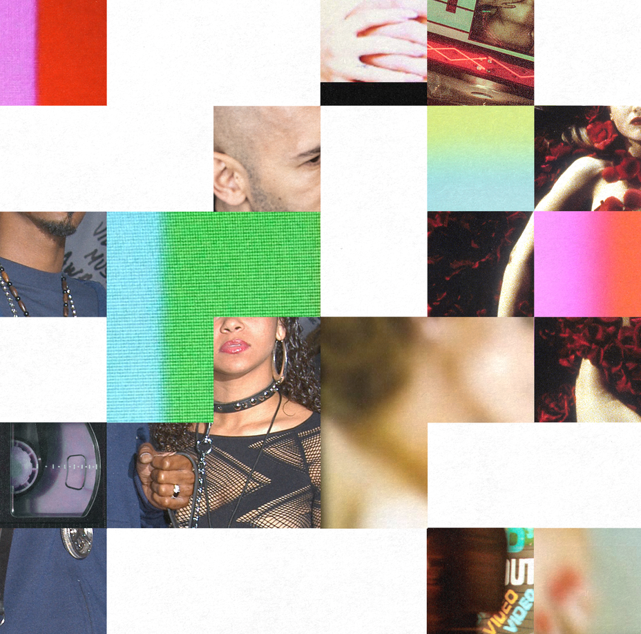 collage of photo details arranged in a grid, including pop-culture images and blocks of bright color stripes