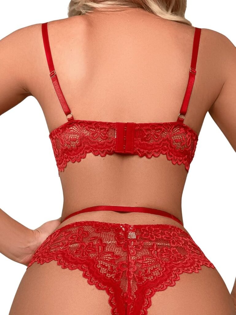COZYEASE Womens Lingerie Set Floral Lace Bra and Thongs Chemise Bodysuit Babydolls with Stockings And Garter