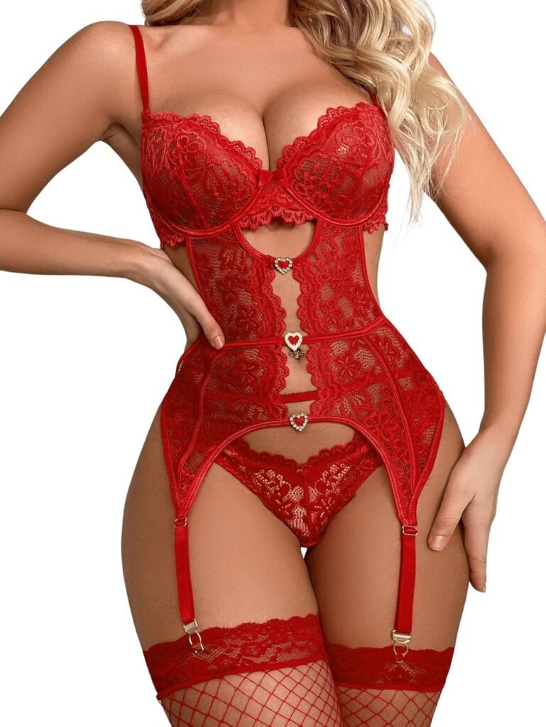 COZYEASE Womens Lingerie Set Floral Lace Bra and Thongs Chemise Bodysuit Babydolls with Stockings And Garter