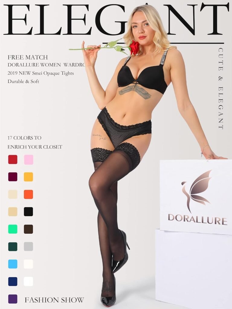 DORALLURE Thigh High Stockings Silicone Lace Top Stay Up Silky Semi Sheer Pantyhose for Women Hold Up Nylon