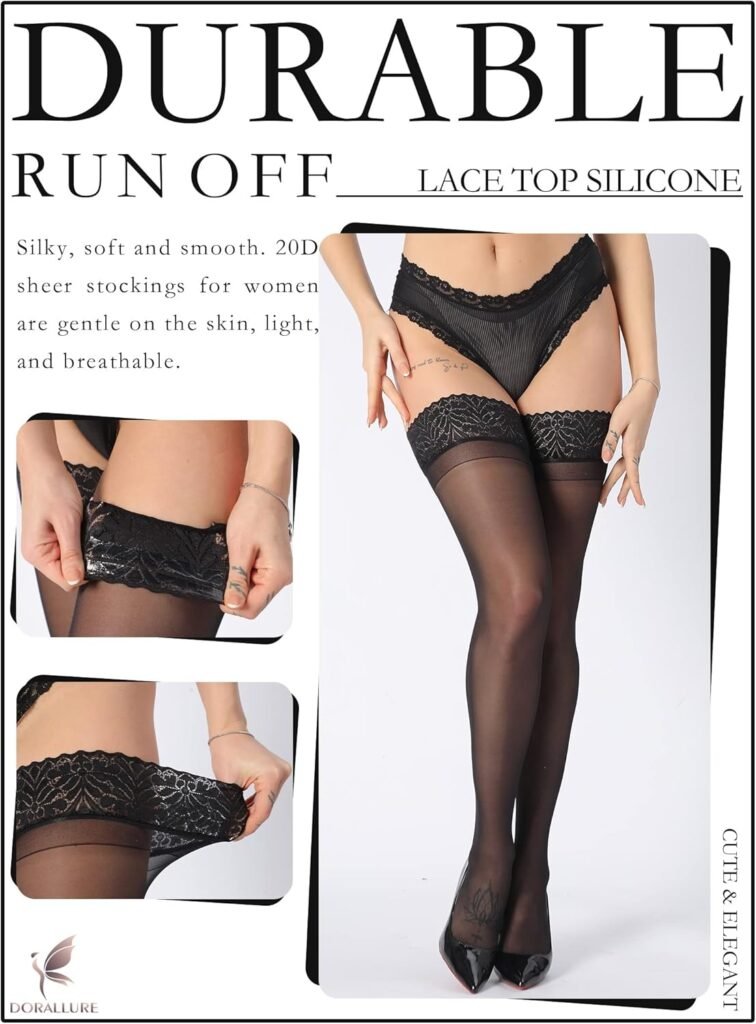 DORALLURE Thigh High Stockings Silicone Lace Top Stay Up Silky Semi Sheer Pantyhose for Women Hold Up Nylon