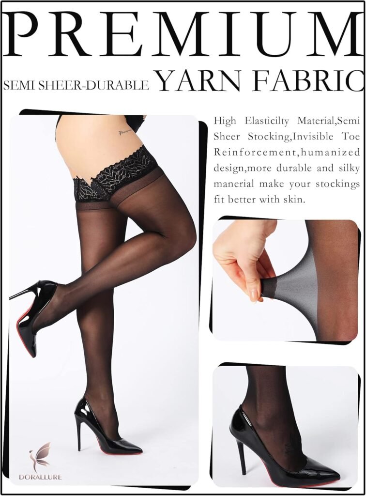 DORALLURE Thigh High Stockings Silicone Lace Top Stay Up Silky Semi Sheer Pantyhose for Women Hold Up Nylon