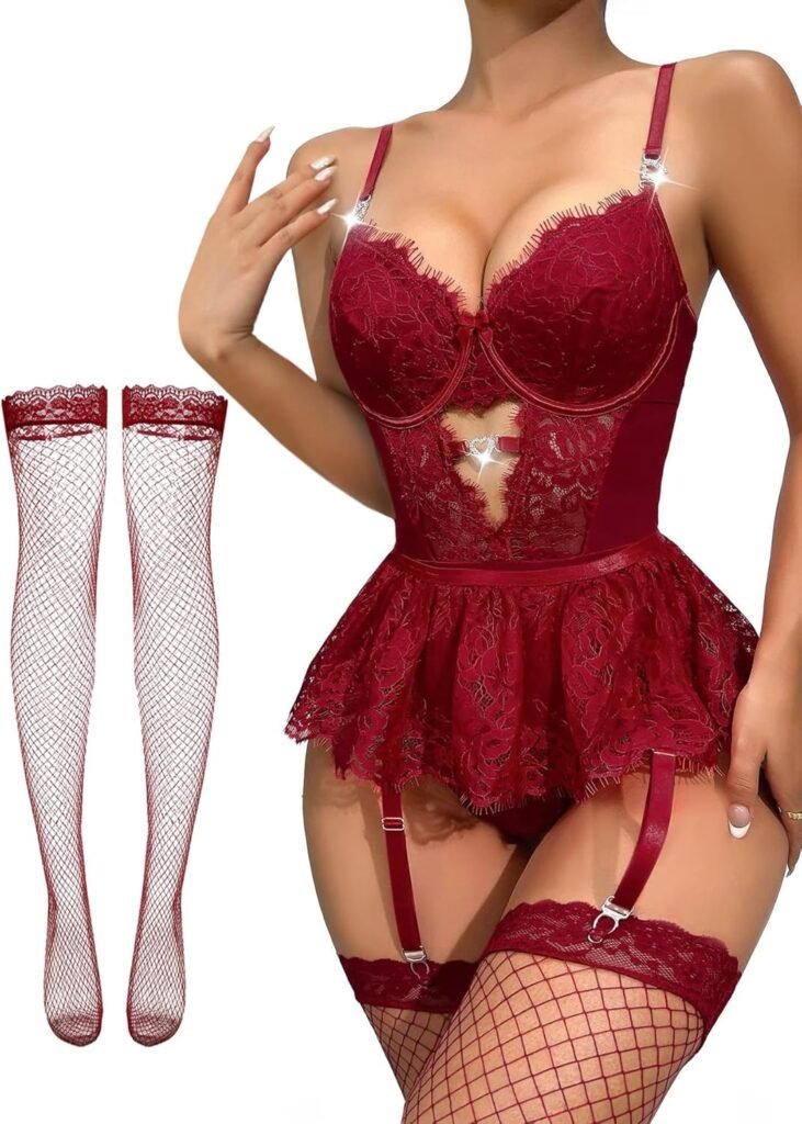 Lilosy Sexy Heart Rhinestones Underwire Babydoll Lace Mesh Garter